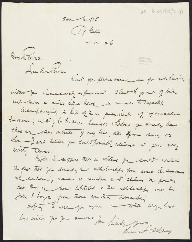 Letter from Thomas F. Delaney, New York, to Margaret Pearse enclosing list of names and addresses of the presidents of County Associations in New York,