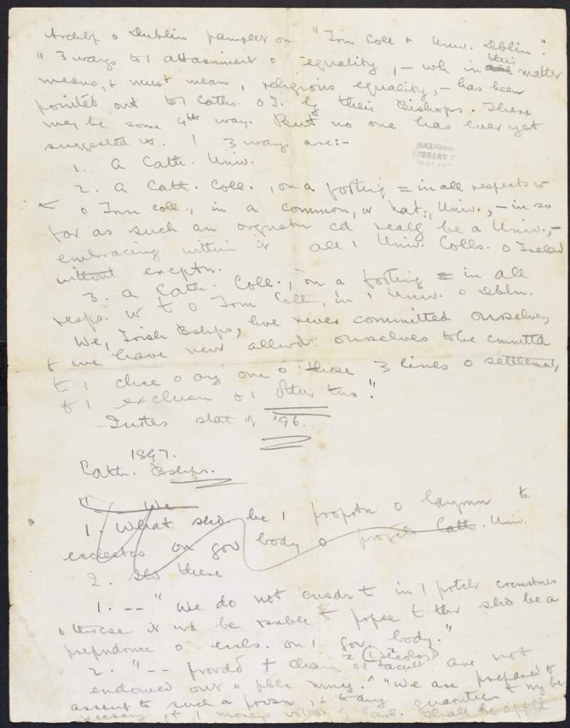 Notes by Padraic Pearse on Catholic university and equality in education, one written on verso of letter from "Diarmuid" about surnames in Ireland,