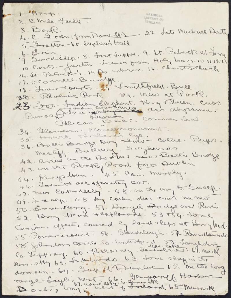 List of slides or photographs, many of Irish interest, by Padraic Pearse,