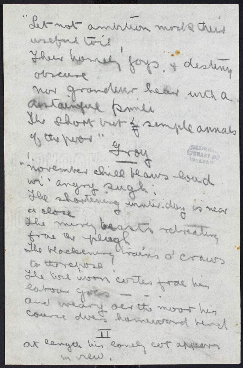 Extracts from Robert Burn's poem 'The Cotter's Saturday Night', in the hand of Padraic Pearse,