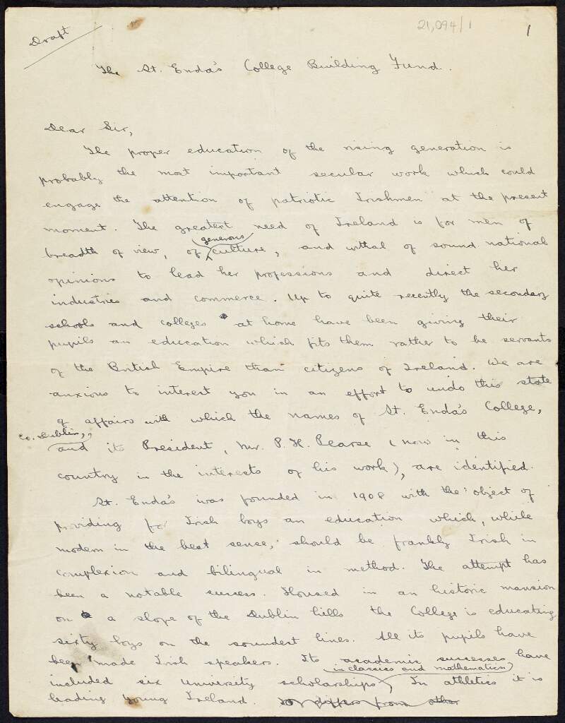 Fragment of draft letter from Patrick Pearse to potential benefactors in the USA, regarding the St. Enda's College Building Fund,