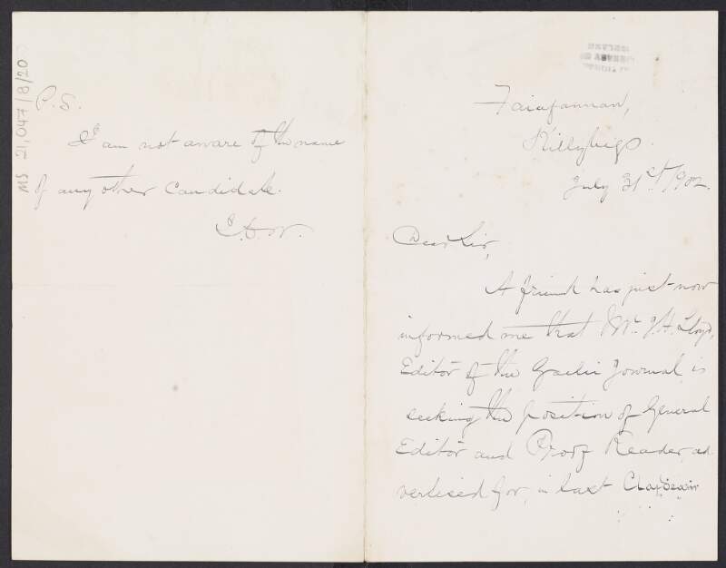 Letter from John C. Ward to Patrick O'Daly, Secretary of the Gaelic League, recommending Joseph Henry Lloyd [Seosamh Laoide] for the position of General Editor and Proof Reader of the Publication Committee,