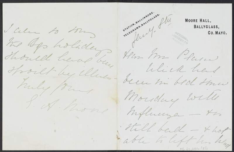 Letter to Patrick Pearse from George Moore regarding the ill health of his nephews Maurice and Ulick Moore (children of Colonel Maurice Moore) and the delay in their return to school,