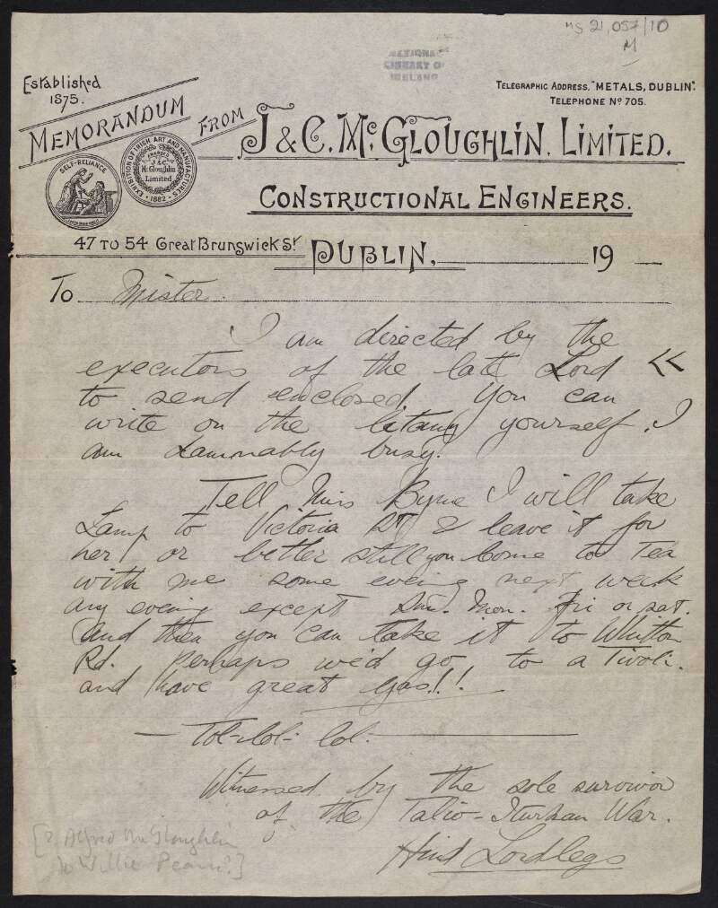Letter from Alfred McGloughlin to William Pearse regarding a lamp for Miss Byrne and arranging to meet for tea,