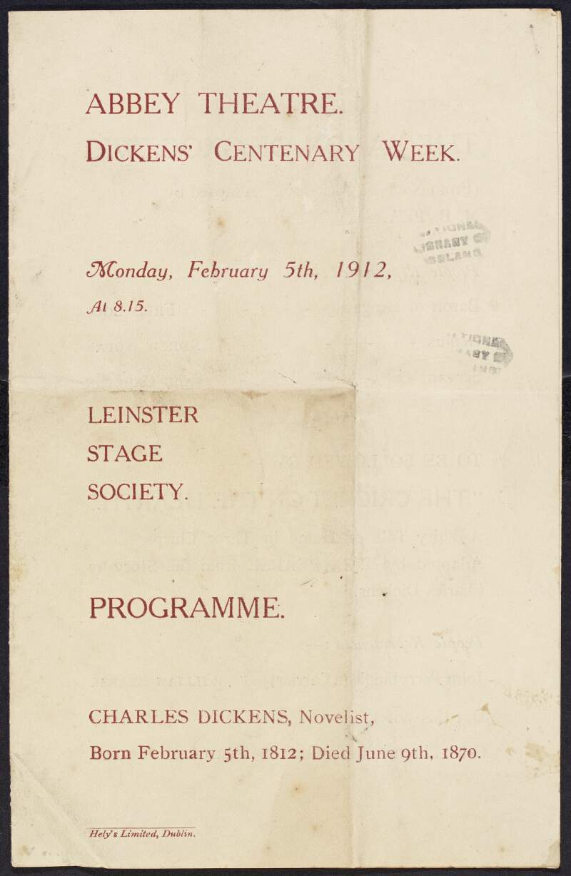 Programme for the Leinster Stage Society performances of 'The Baron of Grogzwig' (from 'Nicholas Nickelby' by Charles Dickens) adapted by Mary Brigid Pearse, and 'The Cricket on the Hearth' by Charles Dickens and adapted by Mary Brigid Pearse, at the Abbey Theatre,