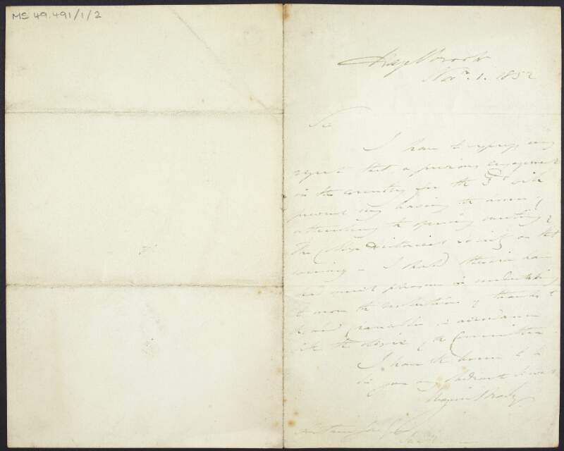 Letter from Sir Maziere Brady to unidentified recipient regarding the opening of the College Historical Society,