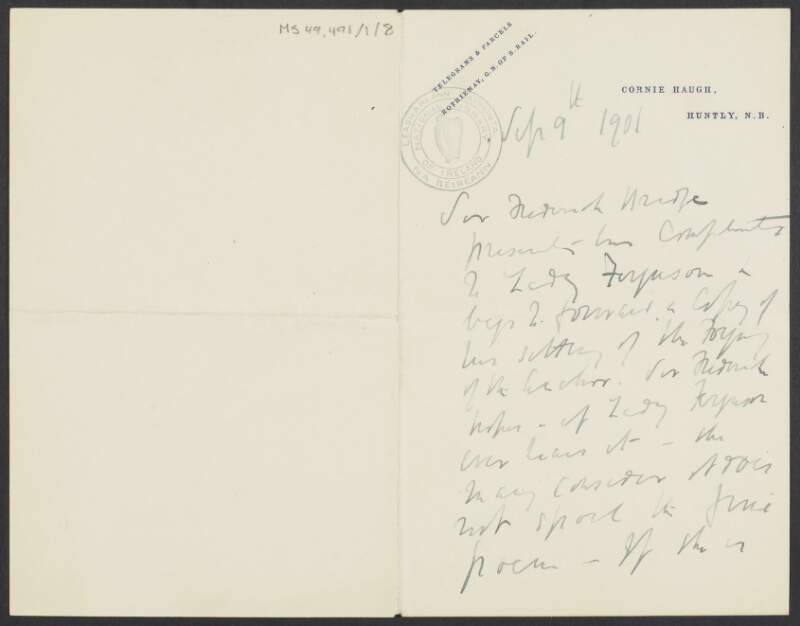 Letter from Sir Frederick Bridge to Lady Ferguson, sending compliments and requesting a copy of one of her works,