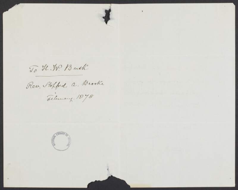 Letter from Stopford Augustus Brooke to H. W. Brisk sending thanks for the five pounds,