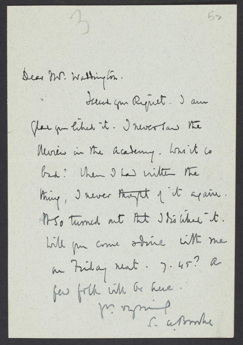 Letter from Stopford Augustus Brooke to a Mr. Wattington regarding the review in 'The Academy',