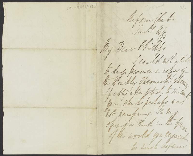 Letter from R. Dillon Browne to Charles Phillips regarding article in the 'Weekly Chronicle',