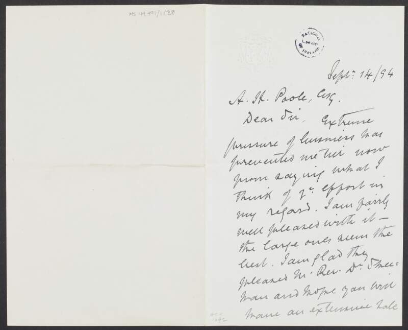 Letter from Abraham Brownrigg, Bishop of Ossory, to A. H. Poole regarding Poole's efforts and sending him £1,
