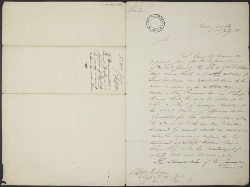 Letter from Sir Robert Brownrigg to a Captain Jackson,