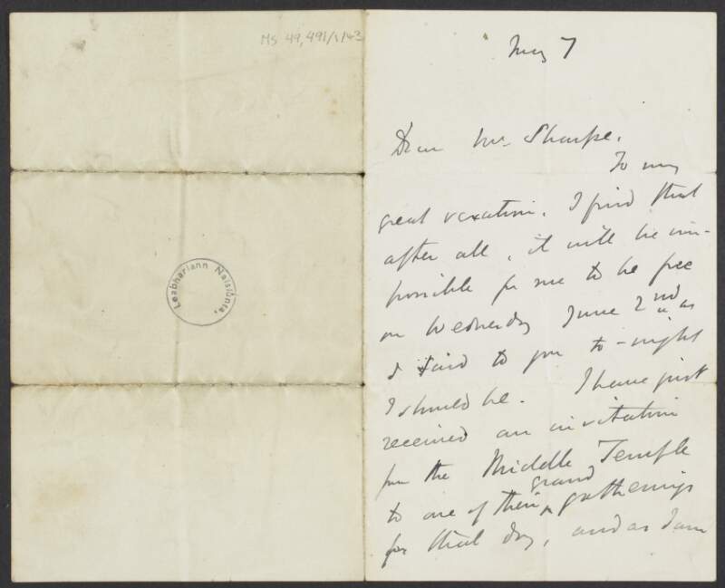 Letter from Viscount James Bryce to a Mr. Sharpe apologising for being unavailable on June 2nd due to other obligations,