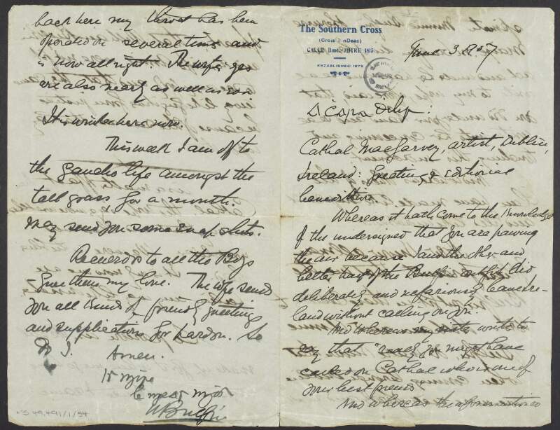 Letter from William Bulfin to Cathal McGarvey regarding some sort of agreement,
