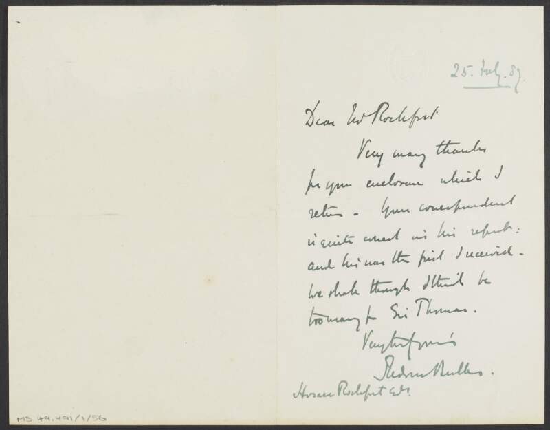Letter from Sir Redvers Henry Buller to Horace Rochfort regarding the enclosure from Rochfort's letter,
