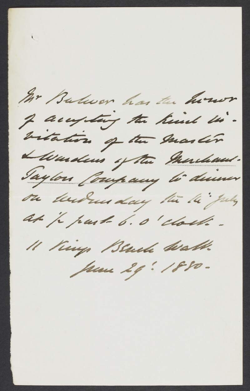 Letter from James Redford Bulwer to unidentified recipient accepting invitation,