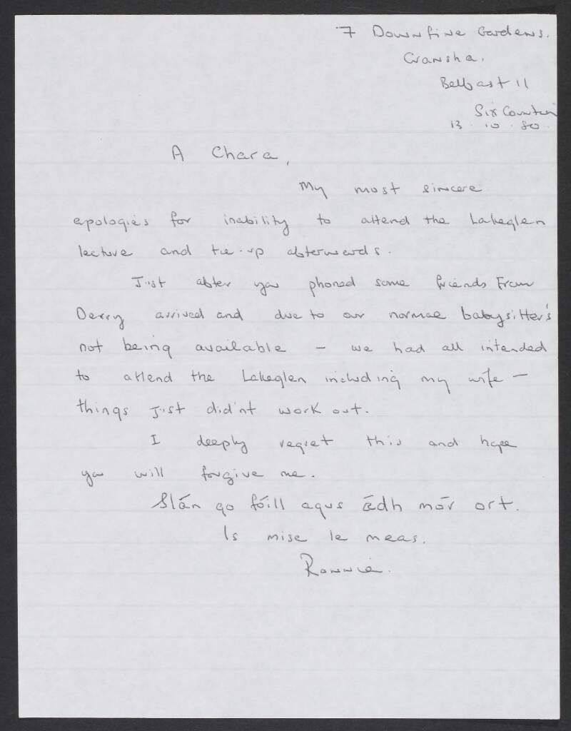 Letter from Ronnie Bunting to Pádraig Ó Snodaigh apologizing for missing the Lakeglen lecture,
