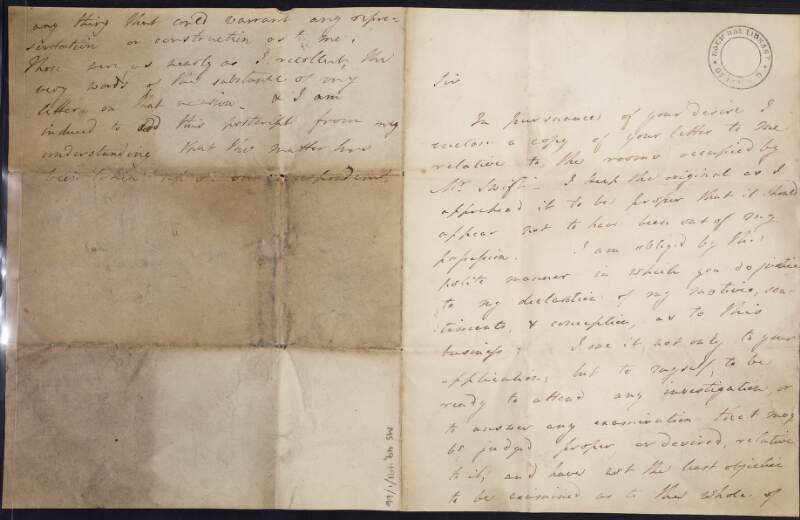 Letter from Thomas J. Burgh, Dean of Cloyne, to unknown recipient regarding a possible investigation,