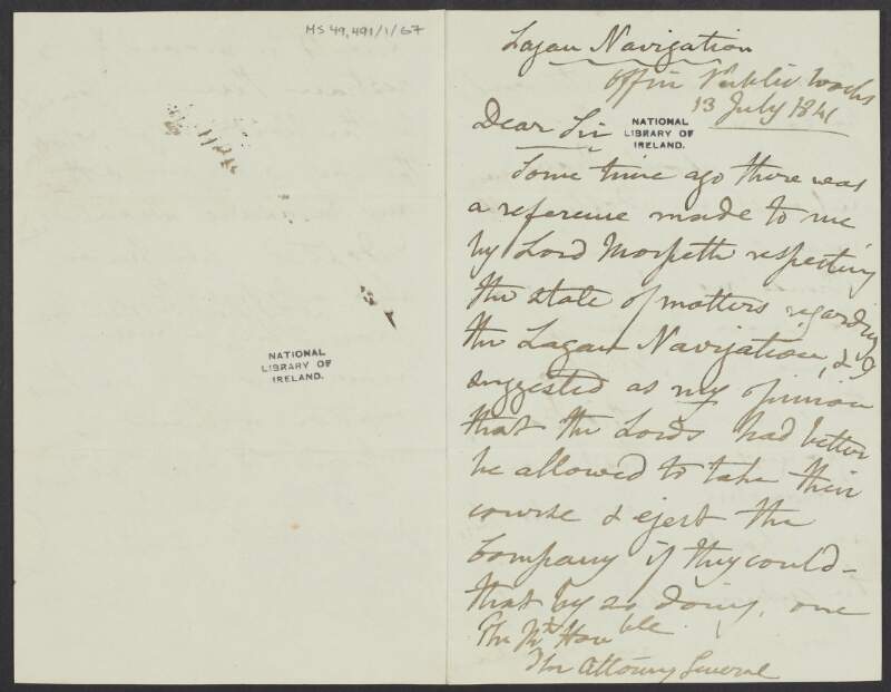 Letter from John F. Burgoyne to Thomas Wilde Truro, Baron Truro, regarding the Lagan Navigation,