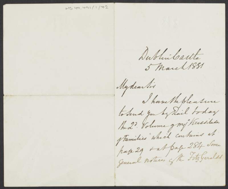Letter from Sir John Bernard Burke to unidentified recipient regarding Burke's 'Vicissitudes of Families',