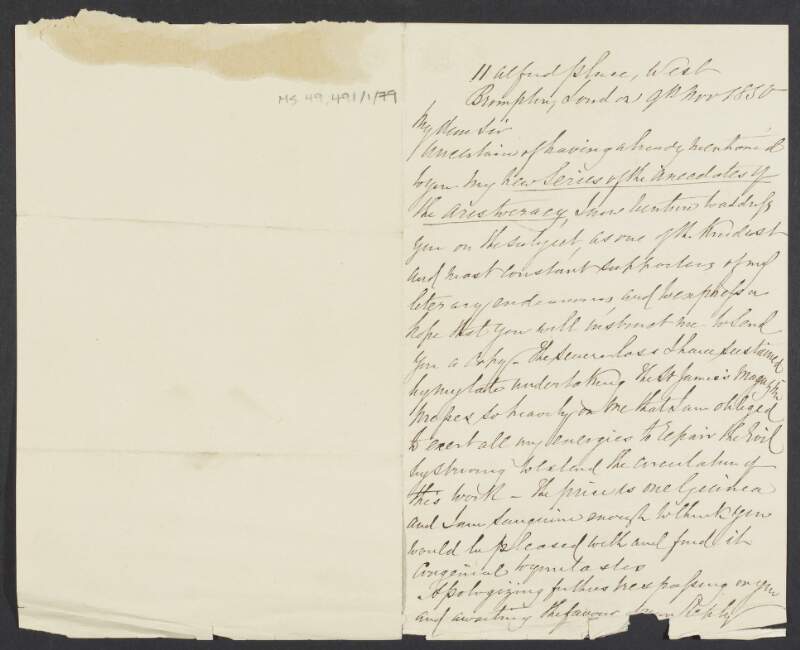 Letter from Sir John Bernard Burke to unidentified recipient regarding Burke's 'Anecdotes of the Aristocracy',