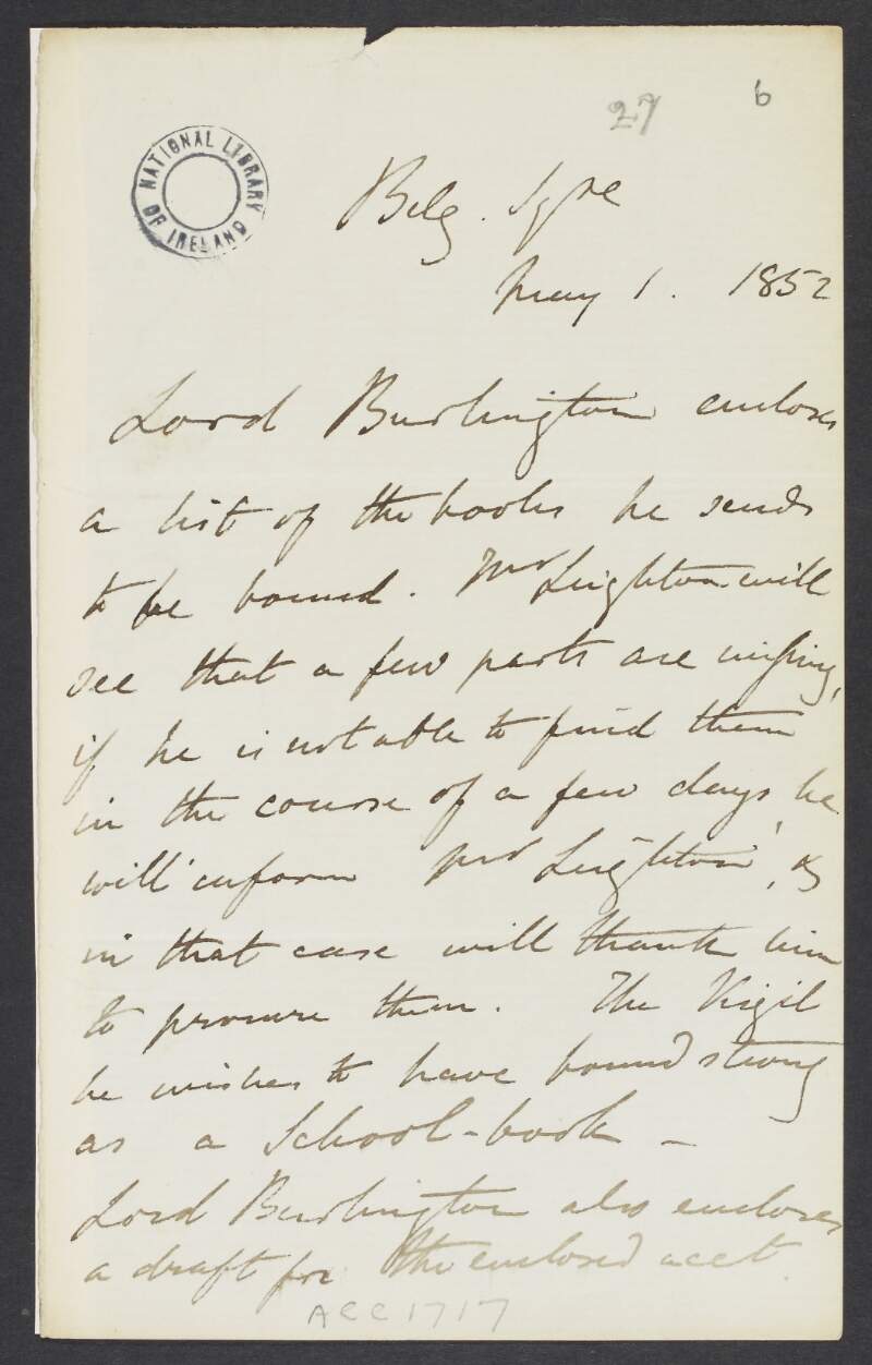 Letter from William Cavendish, Lord Burlington, to John Leighton enclosing books to be bound,