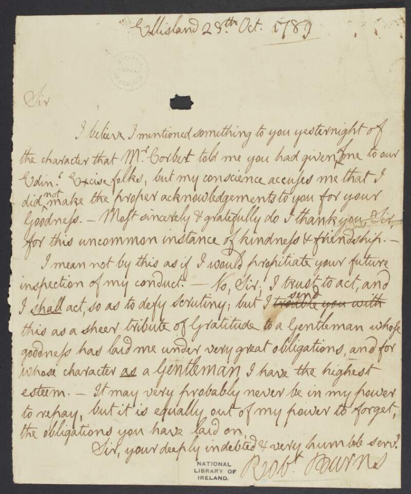 Letter from Robert Burns to Alexander Findlater thanking Findlater for his kindness and friendship,