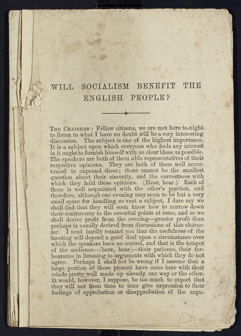 Pages from 'Will socialism benefit the English people?' Verbatim report of a debate between H.M. Hyndman and Charles Bradlaugh,