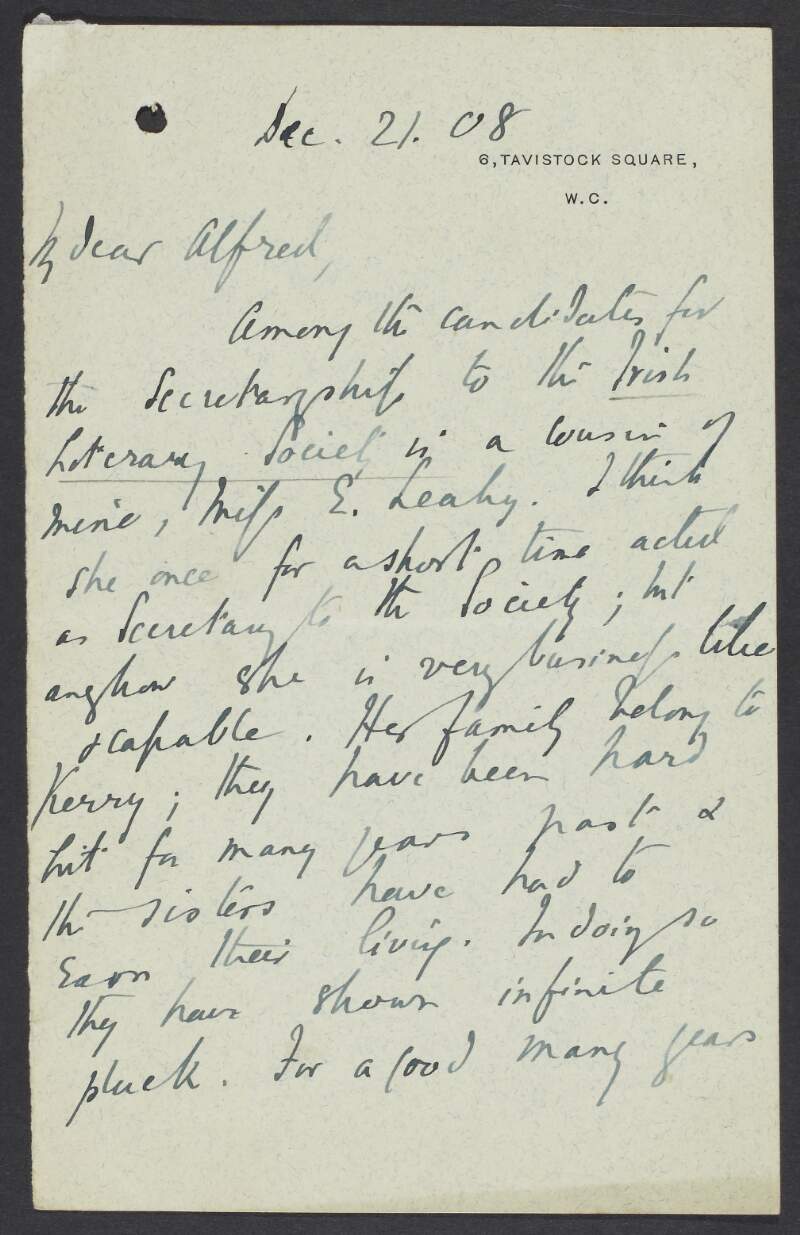 Letter from Samuel Henry Butcher to Alfred P. Graves regarding Miss E. Leahy, a candidate for the Irish Literary Society,
