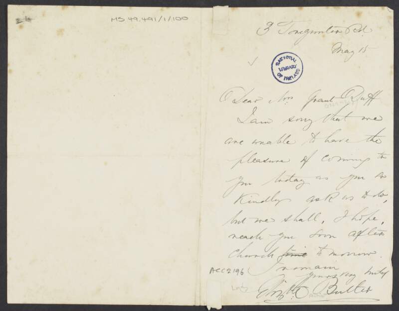 Letter from Lady Elizabeth Butler to Lady Grant Duff [Anna Julia Webster] arranging to meet "after Church tomorrow",