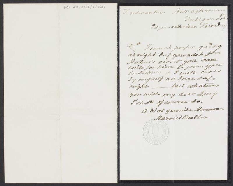 Letter from Harriet Butler to Lucy regarding travelling to Dublin,