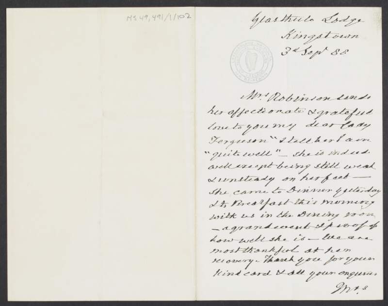 Letter from Harriet Butler to Lady Ferguson regarding Mrs. Robinson's health,