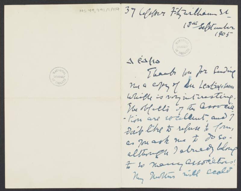 Letter from Mary Butler [Máire De Buitléir] to Crissie M. Doyle thanking for sending a copy of a book,