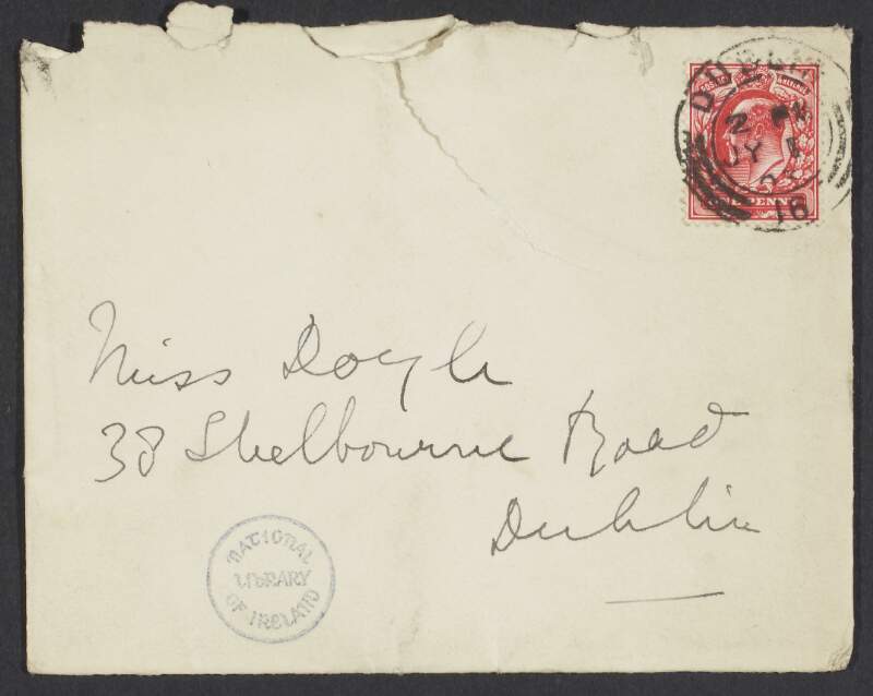 Letter from Mary Butler [Máire De Buitléir] to Crissie M. Doyle sending thanks for birthday flowers,