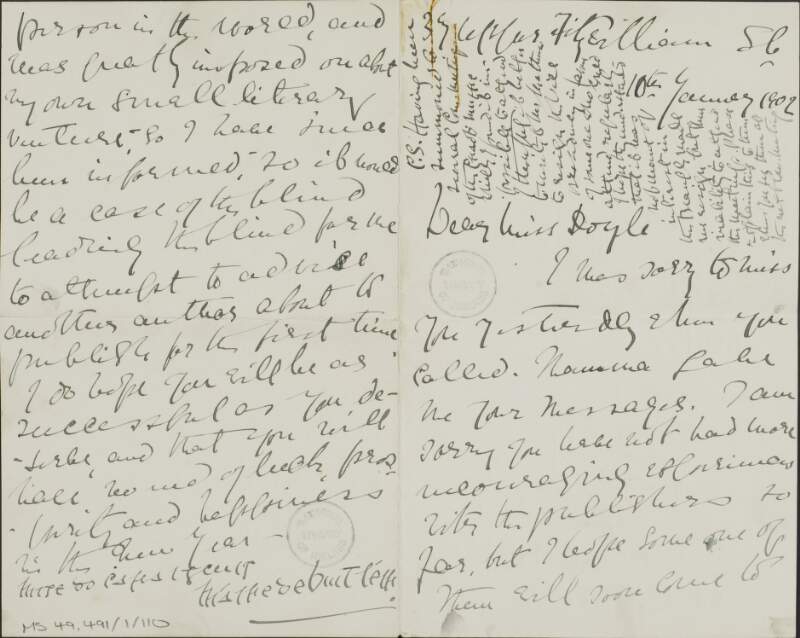 Letter from Mary Butler [Máire De Buitléir] to Crissie M. Doyle regarding Miss Doyle's meetings with publishers,