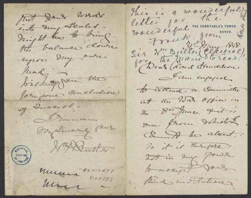 Letter from Sir William Francis Butler to Colonel George Henderson regarding the Committee at the War Office which he is engaged to attend,