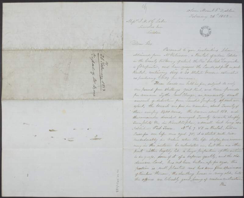 Letter from Joseph Byrne to Miss Lake regarding land in County Kilkenny,