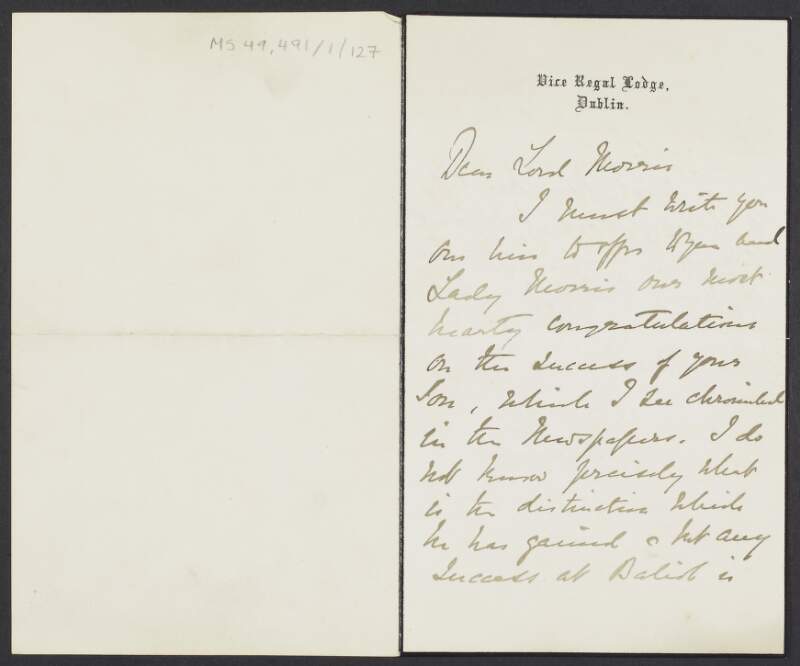 Letter from George Cadogan, 5th Earl Cadogan, to Lord Morris sending congratulations for the success of Lord and Lady Morris's son,