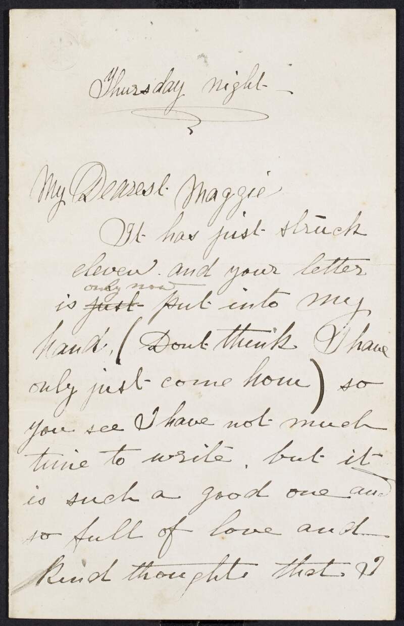 Letter from James Pearse to Margaret Brady professing his love for her and asking her where she would like to go on Saturday night before advising her that a walk in the park in the dark that evening would be immoral,