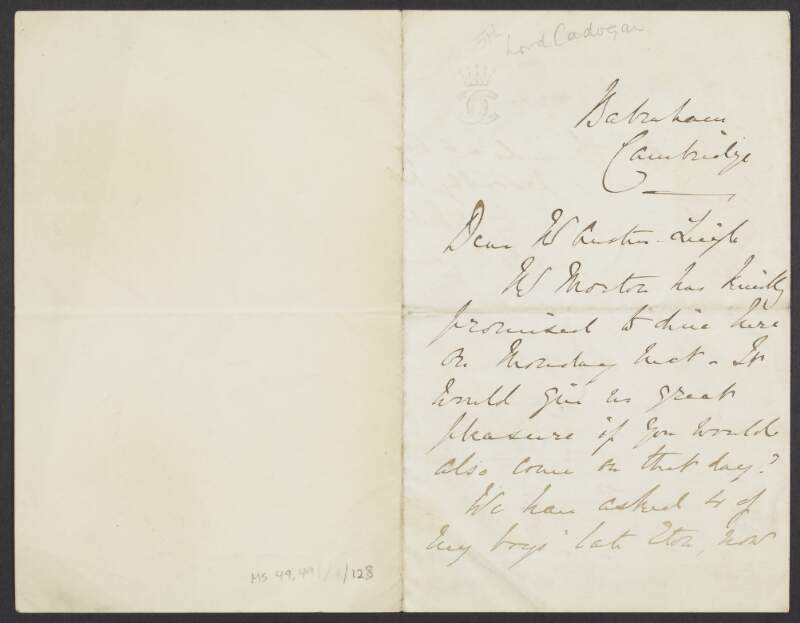 Letter from George Cadogan, 5th Earl Cadogan, to an unidentified recipient asking them to dine,