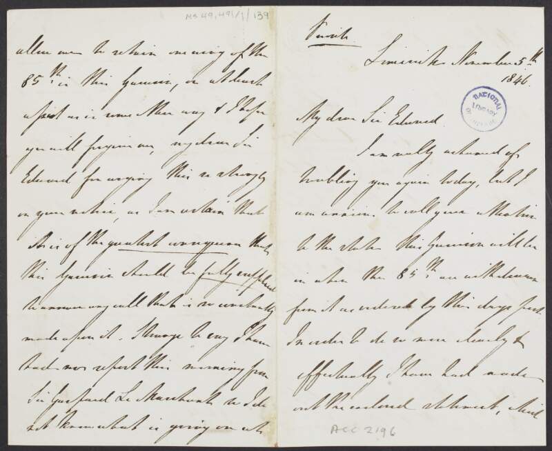 Letter from Prince George, 2nd Duke of Cambridge, to Lt. Gen. Sir Edward Blakeney regarding the proposed reduction of a garrison,