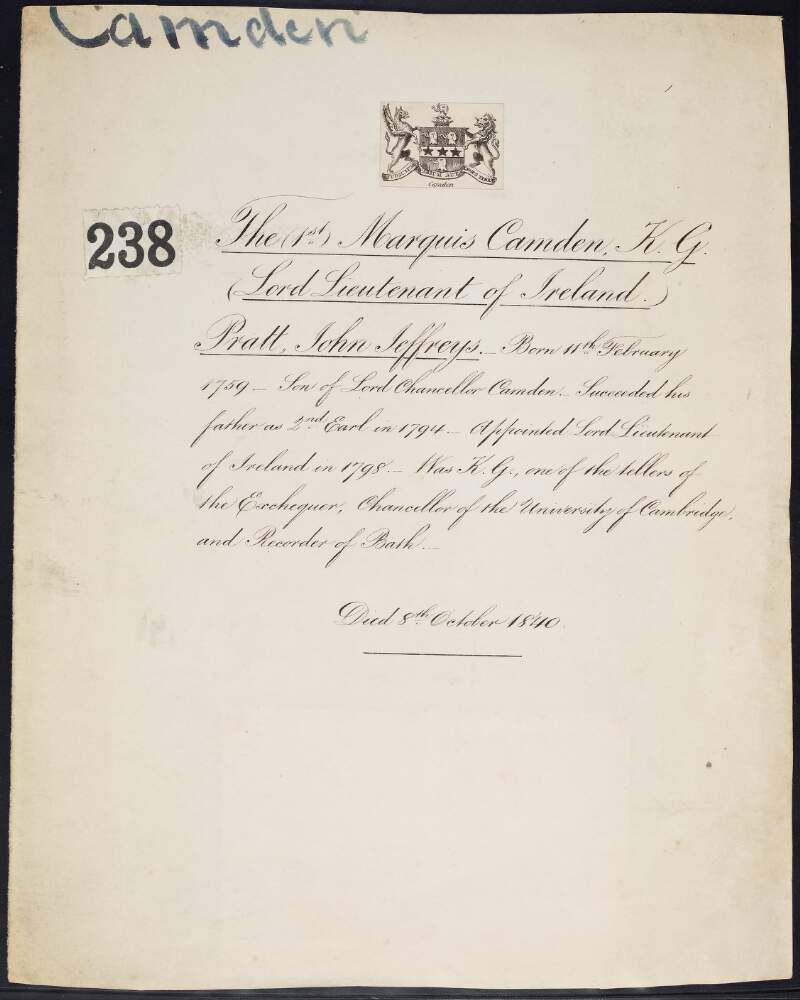 Letter from John Jeffreys Pratt, Marquis of Camden, to a Mr. Cooper regarding the petitioner in the case,