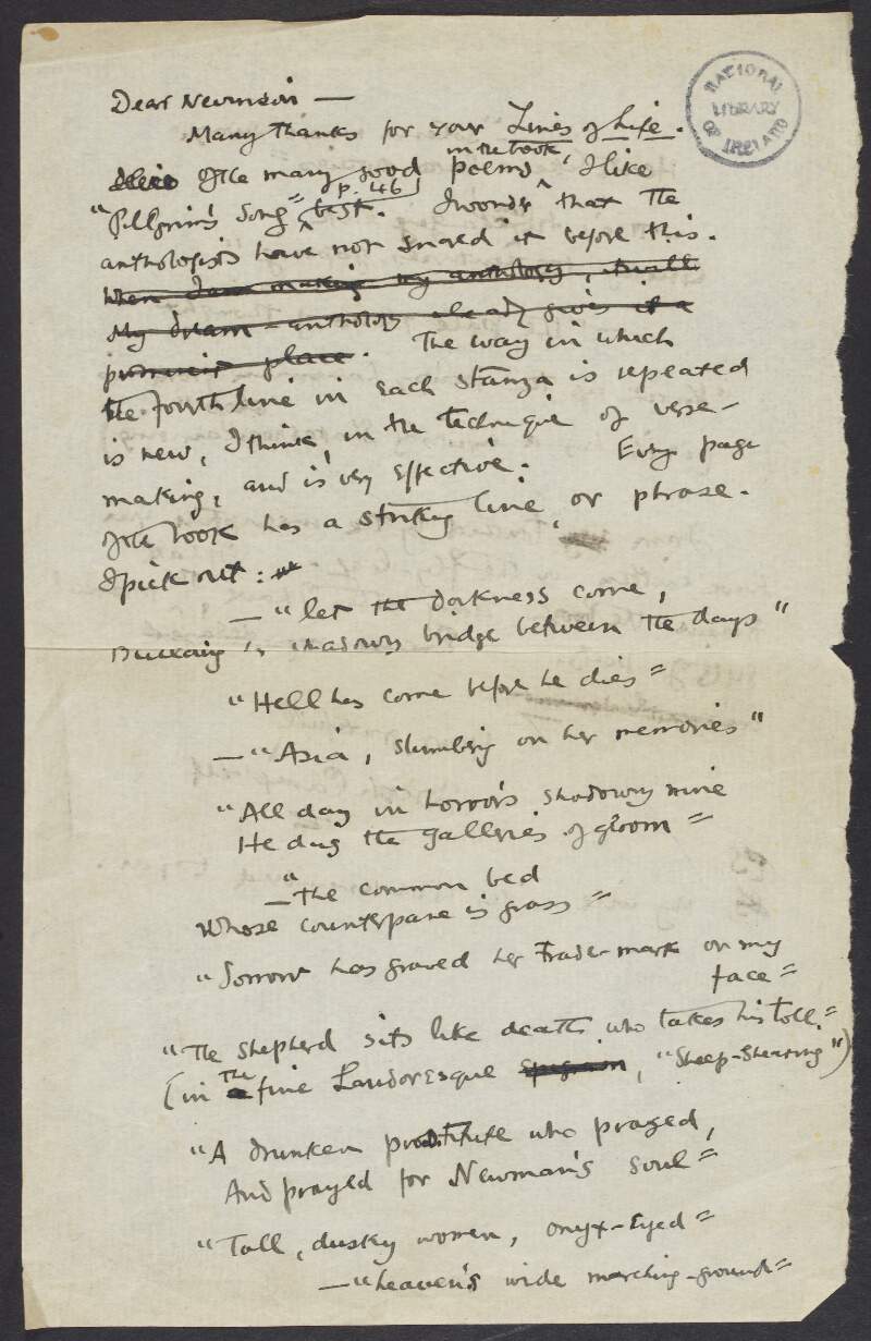 Letter from Joseph Campbell to Henry Woodd Nevinson reviewing Nevinson's 'Lines of Life',
