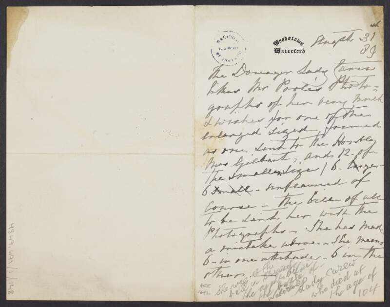 Letter from Lady Carew to Arthur H. Poole regarding the Dowager Lady Carew's liking of one of Poole's photographs,