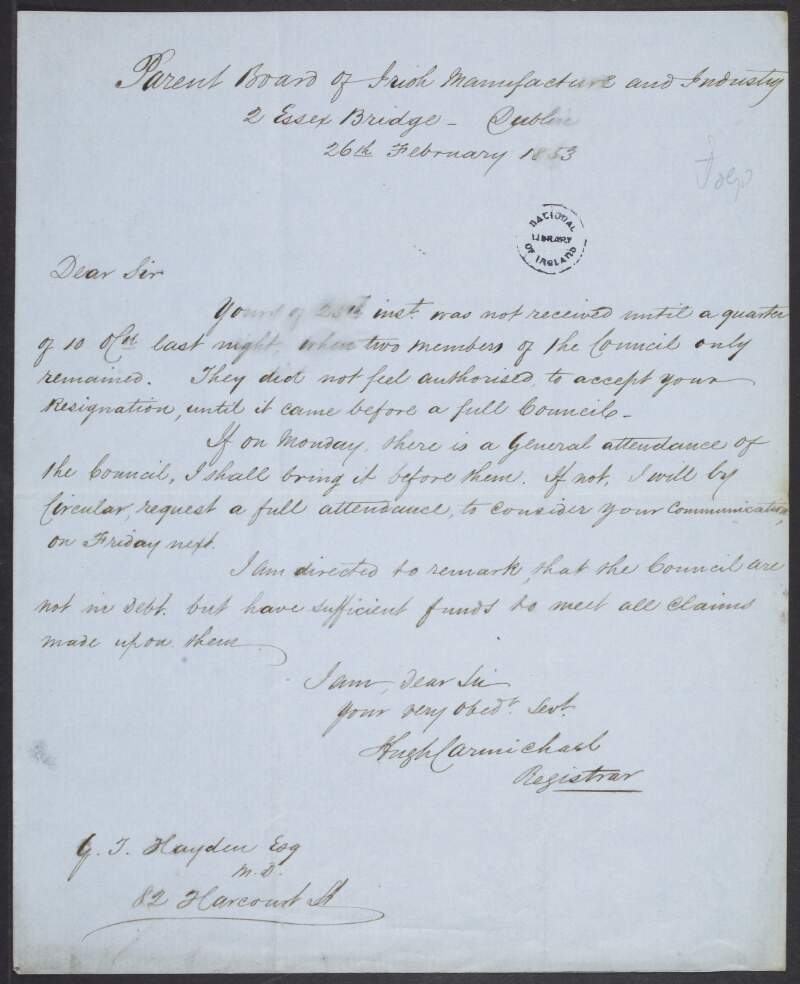 Letter from Hugh Carmichael to G. T. Hayden regarding Hayden's application for registration with the Parent Board of Irish Manufacture and Industry,