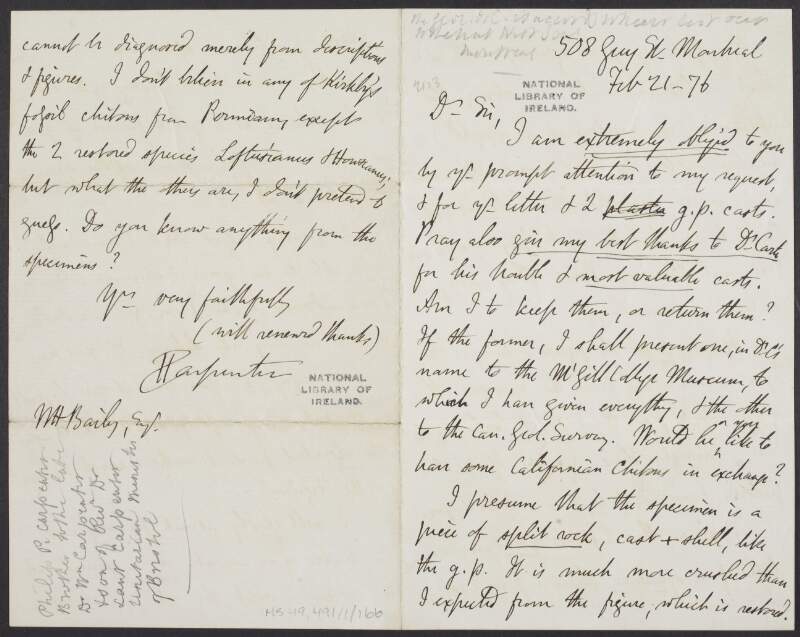 Letter from Philip P. Carpenter to William Hellier Bailey regarding a rock specimen,