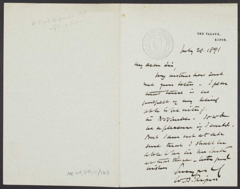 Letter from William Boyd Carpenter to an unidentified recipient about Boyd's unlikelihood of visiting in November,