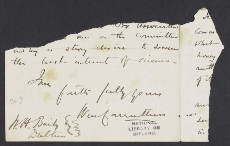 Fragment of letter from William Carruthers to William Hellier Baily,