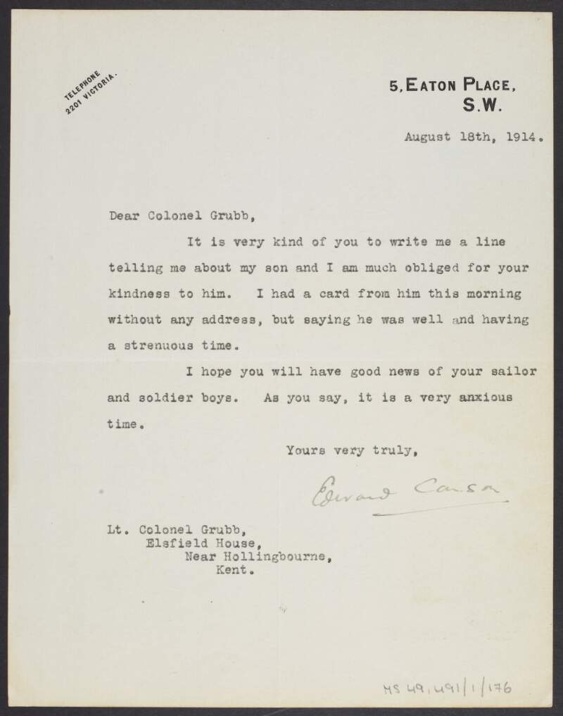 Letter from Sir Edward Carson to Lt. Colonel Alexander Grubb regarding his son after the outbreak of the First World War,