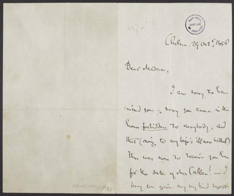 Letter from Thomas Carlyle to an unidentified recipient apologizing for missing her,